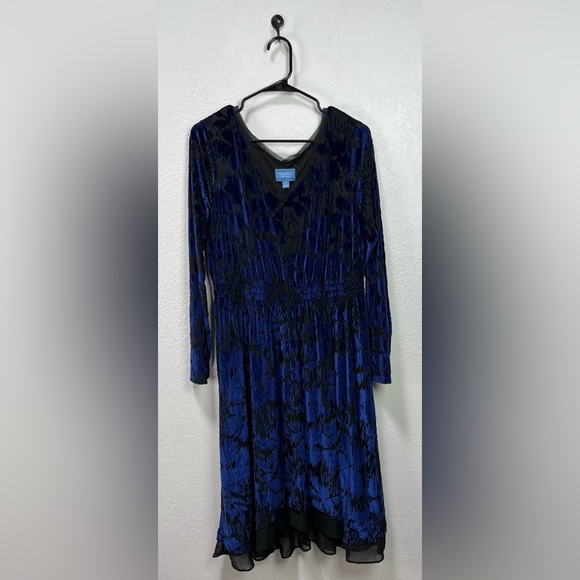 Simply Vera Vera Wang Blue Burned out Velvet  V Neck Dress Sz L Whimsigoth Midi - Picture 1 of 9